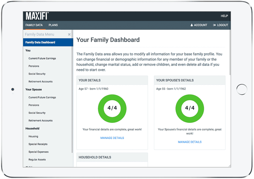 Family dashboard shown on tablet